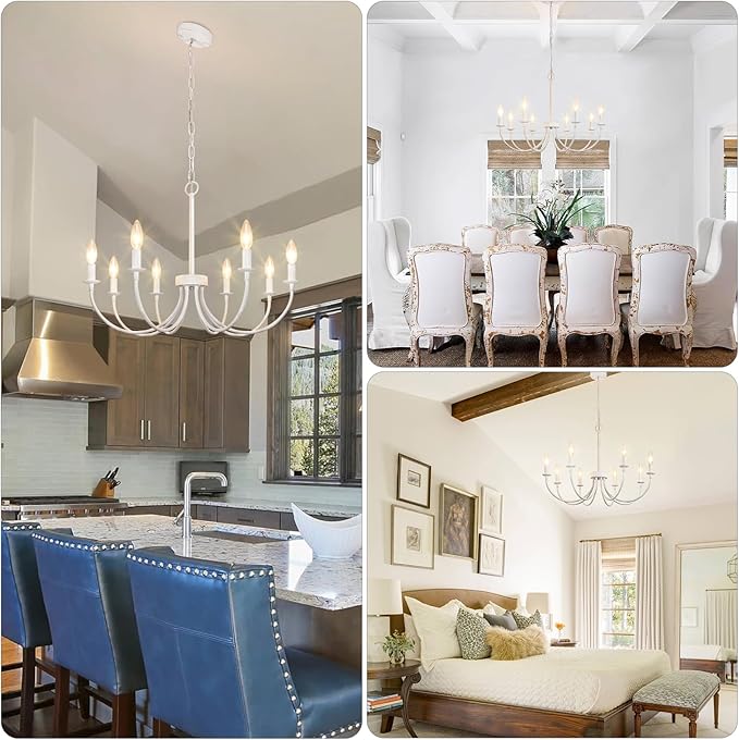 French Country Chandelier, 8-Light Antique White Farmhouse Chandelier for Dining Room, Candle Hanging Pendant Light for Kitchen Living Room Bedroom Foyer Entryway