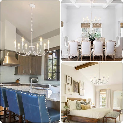 French Country Chandelier, 8-Light Antique White Farmhouse Chandelier for Dining Room, Candle Hanging Pendant Light for Kitchen Living Room Bedroom Foyer Entryway