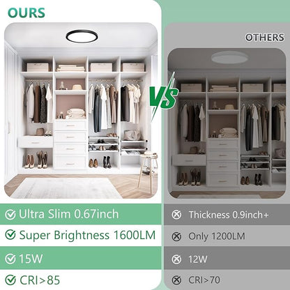 Brightever Black LED Flush Mount Ceiling Light Fixtures, 7 Inch 15W, Super Slim 0.67 Inch Small Ceiling Light, 5000K Daylight White 1600LM LED Ceiling Lamps for Bathroom, Pantry, Non-Dimmable, 6 Packs