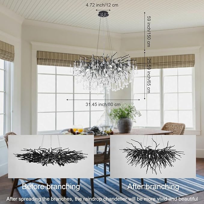 Black Chandeliers for Dining Room, Farmhouse Crystal Chandelier,10-Light Tree Branch Chandelier Light Fixture for Living Room, Kitchen Island D31.5