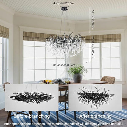 Black Chandeliers for Dining Room, Farmhouse Crystal Chandelier,10-Light Tree Branch Chandelier Light Fixture for Living Room, Kitchen Island D31.5