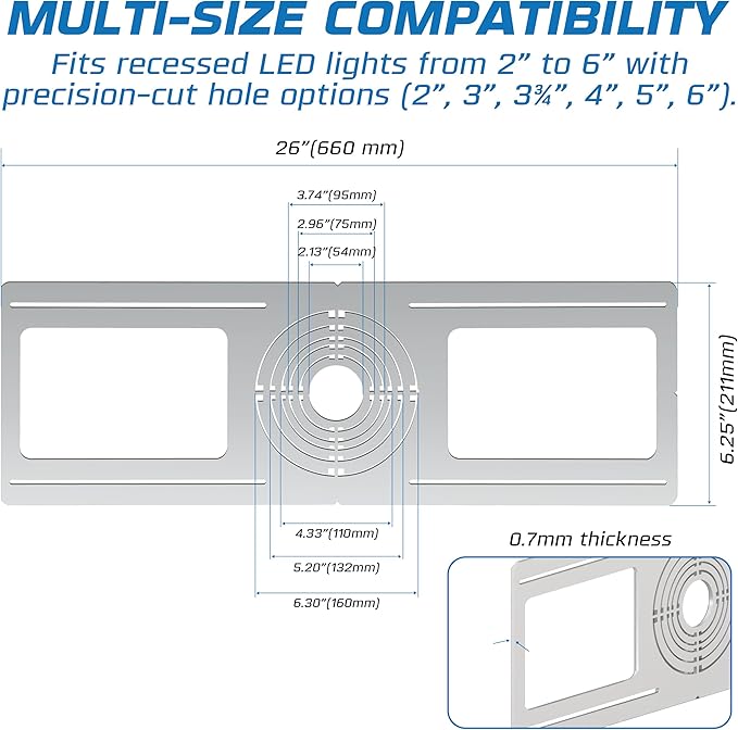 OHLECTRIC 48-Pack New Construction Recessed Light Mounting Plates, Flat Steel Rough-in Brackets - Symmetric Round Holes w/ Multiple Cutouts 2” til 6” Adjustable Panel for LED Wafer & Recessed Lighting