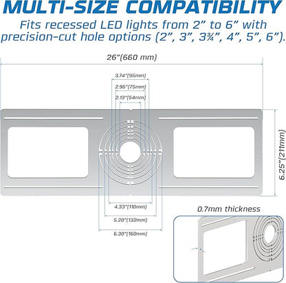 OHLECTRIC 24-Pack New Construction Recessed Light Mounting Plates, Flat Steel Rough-in Brackets - Symmetric Round Holes w/Multiple Cutouts 2” til 6” Adjustable Panel for LED Wafer & Recessed Lighting