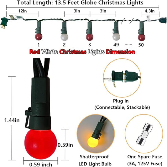 Round Christmas Decoration Lights 13.5Ft G15 Red and White Christmas Lights 50 LED Shatterproof Mini Globe String Light, Plug in Vintage Xmas Light for Indoor Outdoor Wreath Porch Patio Tree Decor