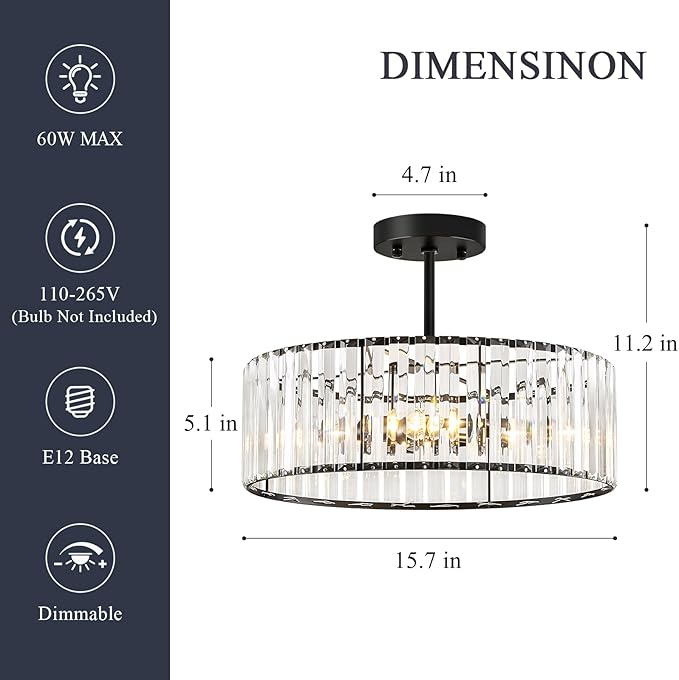 Pevfah Crystal Black Ceiling Light, Modern Semi Flush Mount Ceiling Lighting Fixture, Round Hallway Lighting Fixtures Chandelier for Kitchen Entryway Bedroom Dining Room, 3-Light, 15.7 Inch