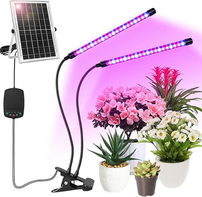 Solar Plant Grow Light with Battery Run Day/Night, 2 Heads 40 LED Clip On Full Spectrum Plant Light with 16.4FT Cable/USB Charging/Timer/Dimmable for Outdoor Indoor All Stage Plants