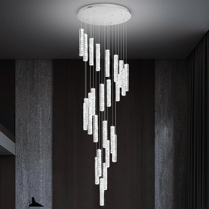 Large Staircase Chandelier 130inch Long Spiral Crystal Chandelier for High Ceiling Foyer Entrance 25-Lights Silver LED Dimmable 3000-6000K