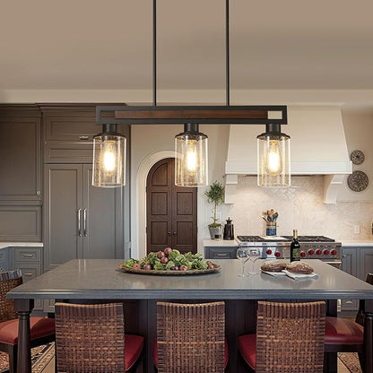 Farmhouse Dining Room Light Fixture, 3-Light Wood Kitchen Island Lighting for Dining Room Over Table, Black Adjustable Pendant Light with Seeded Glass Shades, Linear Chandeliers Lighting for Kitchen