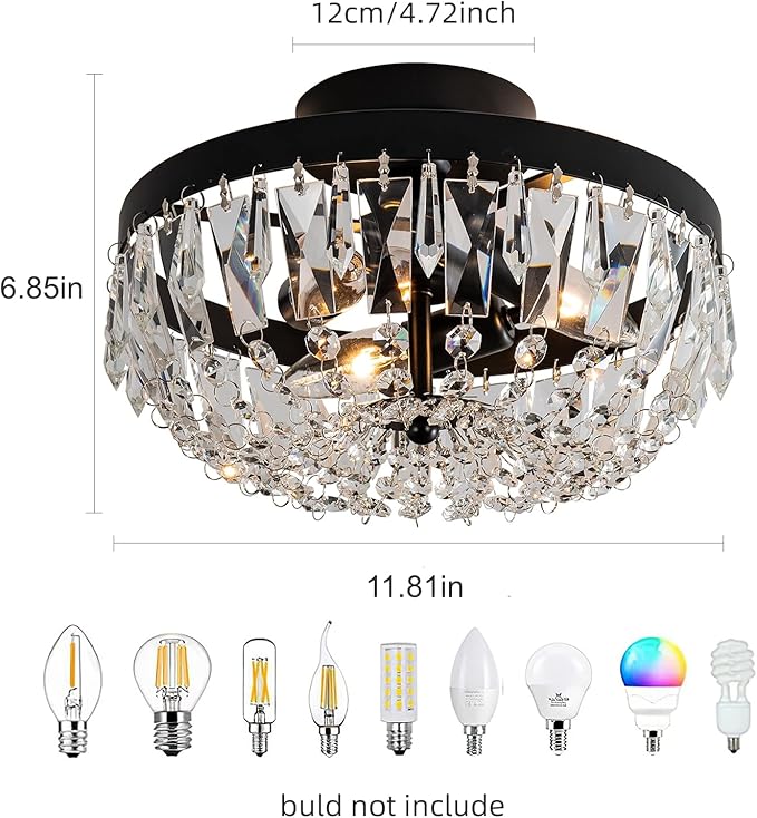 KSRYSZCQ Black Crystal Ceiling Light,10''Modern Ceiling Light Fixture Lamp 3 Light with E12 Base,Sturdy Craft & Aesthetic Design,Ideal for Dining Room,Kitchen,Bedroom