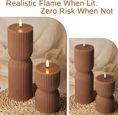 Warm Brown Ribbed Flameless Pillar Candles with Remote, Real Wax Flickering Battery LED Candles Christmas Decor Gift Set of 2