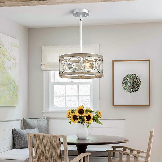 XINGQI 13" Rustic Drum Pendant Lighting Fixture Modern Chandelier 3-Light Height Adjustable Ceiling Lamp for Dining Room Kitchen Island Living Room Bedroom Foyer Hallway, Brushed Nickel