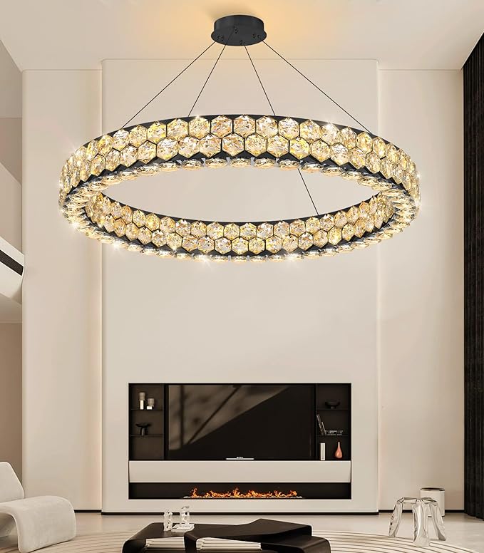 Modern Ring Chandelier Crystal Chandeliers for Dining Room Round Ceiling Light Fixture for Living Room Bedroom Lighting LED Dimmable with Remote Ring Lights Black