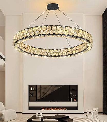 Modern Ring Chandelier Crystal Chandeliers for Dining Room Round Ceiling Light Fixture for Living Room Bedroom Lighting LED Dimmable with Remote Ring Lights Black