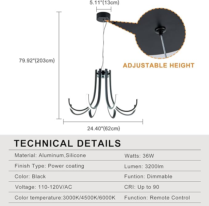 Mayful 8-Light Black Modern Chandelier with Remote Control, Dimmable LED Kitchen Island Light, 3-Color Adjustable Height Pendant for Dining Room Kitchen Office,64 Inch