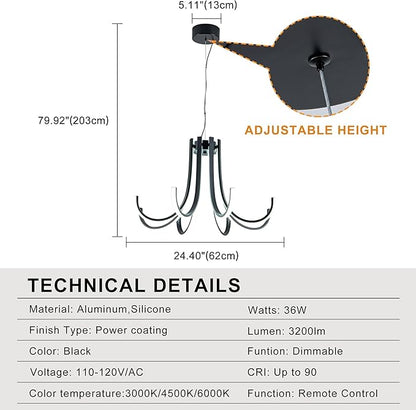 Mayful 8-Light Black Modern Chandelier with Remote Control, Dimmable LED Kitchen Island Light, 3-Color Adjustable Height Pendant for Dining Room Kitchen Office,64 Inch