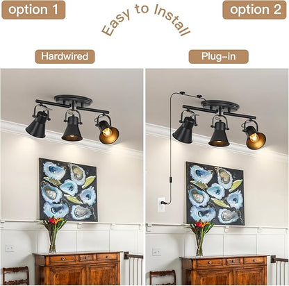 3-Lights Plug in Track Lighting with 14.8ft ON/Off Cord, Adjustable Plug in Ceiling Light,Black Track Lighting for Kitchen Dining Room Bathroom Over Sink Laundry Room