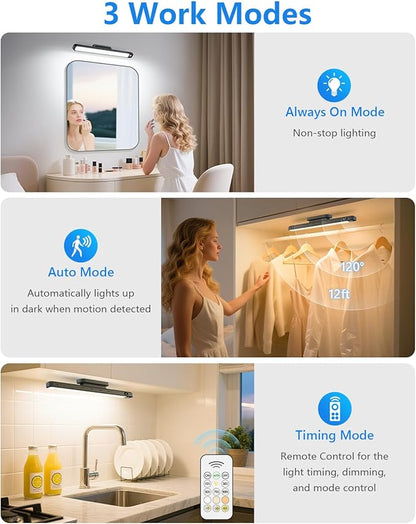 Ferswe 5W Motion Sensor LED Light Bar with Remote, 2500mAh Under Cabinet Lights with Battery Display,Eye-Friendly Mirror Lights Stick on, Rechargeable Light Bar for Cabinet, Closet, Bathroom and Desk