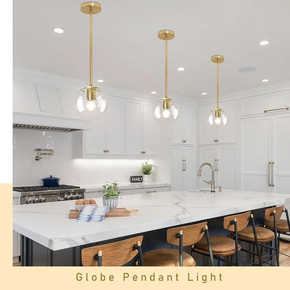 Bagood 6 Inch Globe Pendant Light Gold Mid Century Pendant Light Contemporary Globe Pendant Lights Kitchen Island Clear Glass with Brass Finish Adjustable Hanging Light Fixture for Kitchen Island