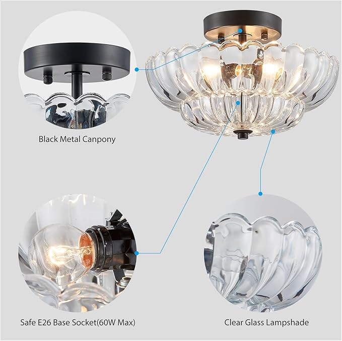 XINGQI 11.8" Semi Flush Mount Ceiling Light Fixture Modern Black 3-Light Scalloped Glass Close to Ceiling Lighting for Living Room Entryway Bedroom Closet Hallway (Bulb Not Included)