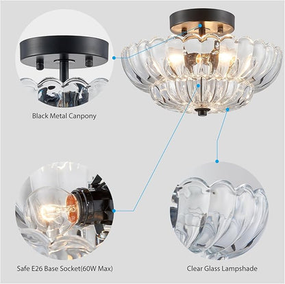 XINGQI 11.8" Semi Flush Mount Ceiling Light Fixture Modern Black 3-Light Scalloped Glass Close to Ceiling Lighting for Living Room Entryway Bedroom Closet Hallway (Bulb Not Included)