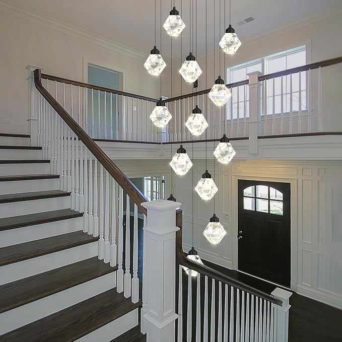H138in Foyer Chandelier Staircase Chandeliers for High Ceiling Black Pendant Light Fixture 14-Lights Crystal Chandelier Lighting Fixture for Living Room Staircase Villa
