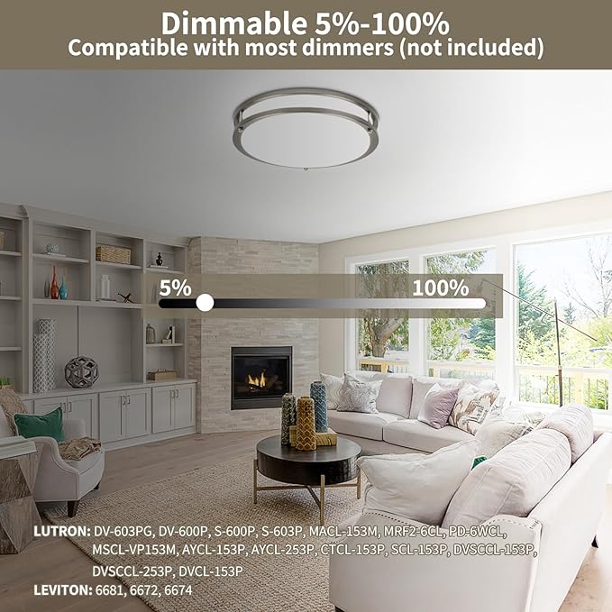 13Inch 36W Ceiling Light Fixture, 5CCT Flush Mount Ceiling Mount Light 2700K 3000K 4000K 5000K 6500K Adjustable, Dimmable Close to Ceiling Light, LED Ceiling Light for Bathroom Kitchen Bedroom, Nickel