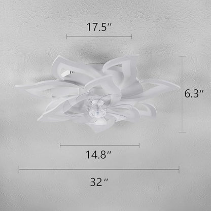 Yfrest Modern Ceiling Fan with Light and Remote, Low Profile Ceiling Fans with Lights, 32 Inch Flush Mount Ceiling Fan with 3 Light Color 6 Speeds, Fandelier Ceiling Fan for Living Room, Dining Room
