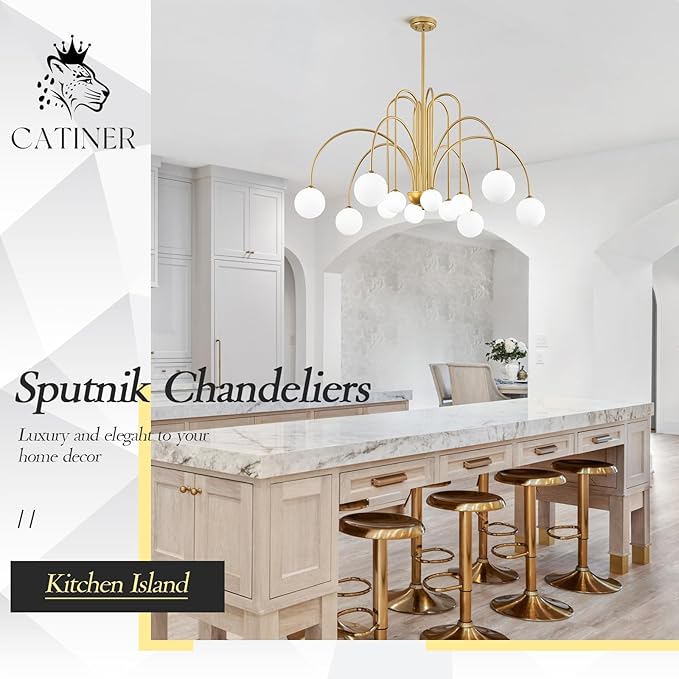 CATINER Large Sputnik Chandeliers 12 Lights Modern Gold Chandelier for High Ceiling L52” Mid Century Ceiling Pendant Light Fixtures with Milk Glass Globe Shades for Living Dining Room Foyer Staircase