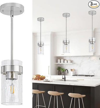 Water Ripple Glass Pendant Lights Kitchen Island Brushed Nickel Pendant Light Fixtures Adjustable Modern Mini Hanging Light for Sink Dining Room Foyer Entryway Bar, 3 Pack