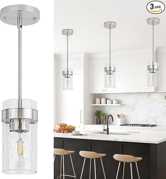 Water Ripple Glass Pendant Lights Kitchen Island Brushed Nickel Pendant Light Fixtures Adjustable Modern Mini Hanging Light for Sink Dining Room Foyer Entryway Bar, 3 Pack
