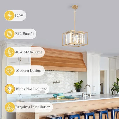 Square Crystal Small Mini Chandeliers 4-Light Gold Pendant Dining Room Light Fixture 13" Modern Farmhouse Adjustable Hanging Ceiling Lamps for Bedroom Entryway Hallway Pool Table