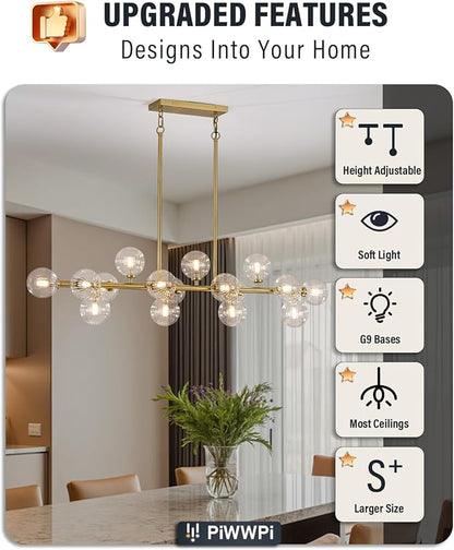 55" Long Brass Gold Chandeliers for Dining Room Kitchen Island, Large Globe Sputnik Linear Chandelier, 16 Lights Mid Century Modern Light Fixture Over Table, Clear Bubble, GC-08