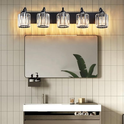 Crystal Vanity Light Black 5 Lights Modern Bathroom Vanity Lighting Fixtures with Crystal Round Shade Over Mirror (Exclude Bulb)