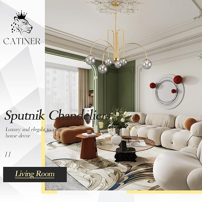 CATINER Modern Gold Chandelier, 6 Lights Sputnik Chandeliers Large L40”Mid Century Ceiling Pendant Light Fixtures with Smoke Glass Globe Shades for Living Dining Room Foyer Bedroom