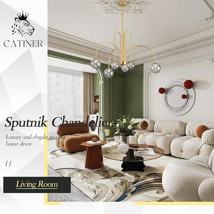 CATINER Modern Gold Chandelier, 6 Lights Sputnik Chandeliers Large L40”Mid Century Ceiling Pendant Light Fixtures with Smoke Glass Globe Shades for Living Dining Room Foyer Bedroom