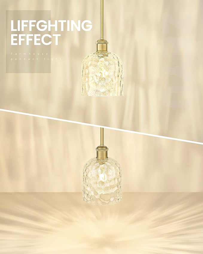zeyu Vintage Glass Hanging Lights 2 Pack, Kitchen Pendant Lights, Ceiling Hanging Light Fixtures with Clear Hammered Glass, Brushed Gold Finish, ZJF63MIL-L-2PK BG