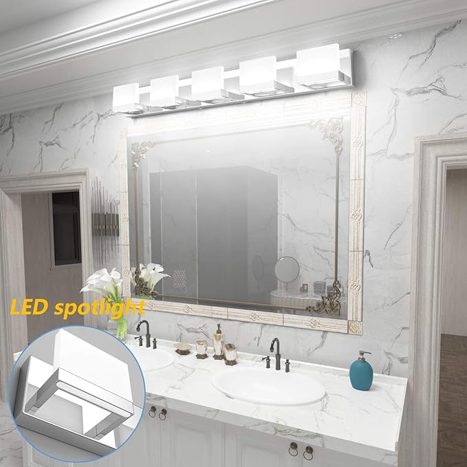 Tipace 5 Lights Modern Chrome Vanity Light for Bathroom Wall Light Up and Down LED Bathroom Light Fixtures Over Mirror(White Light 6000K)