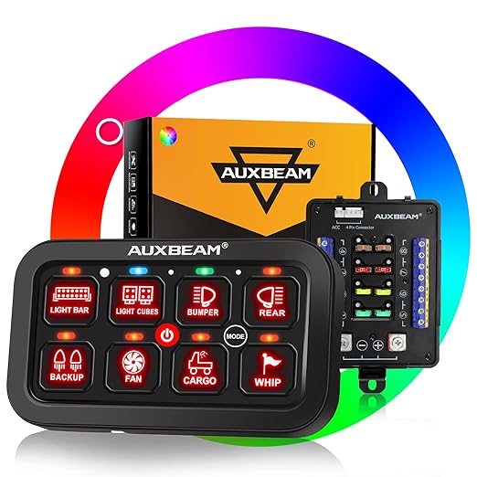 Auxbeam Switch Panel RB80 RGB 8 Gang Switch Panel Auto-Dimmable Multifunction Switch Panel w/Momentary Toggle Pulsed Memory, Aluminum Switch Panel for Truck Boat Car RV Waterproof, 3-Year Warranty