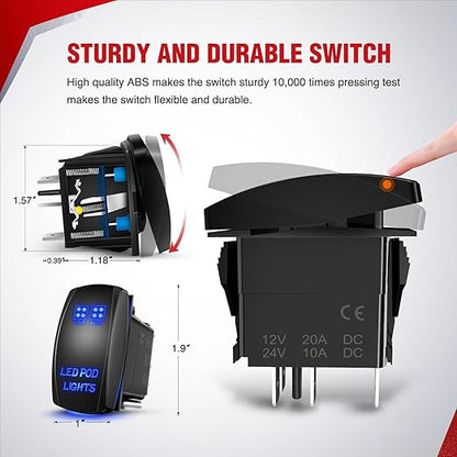 Nilight 16AWG LED POD Lights Wiring Harness Kit 12V On Off 5Pin Rocker Switch Laser Waterproof Toggle Power Relay Blade Fuse for Cars Jeep Boat ATV Trucks - 4 Leads Bule