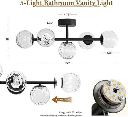 Black LED Bathroom Vanity Light: 5-Light Hammered Clear Glass Globe Bathroom Vanity Lights Fixture over Mirror - Mid Century Modern Dimmable Matte Black Bath Room Makeup Fireplace Wall Sconce Lighting
