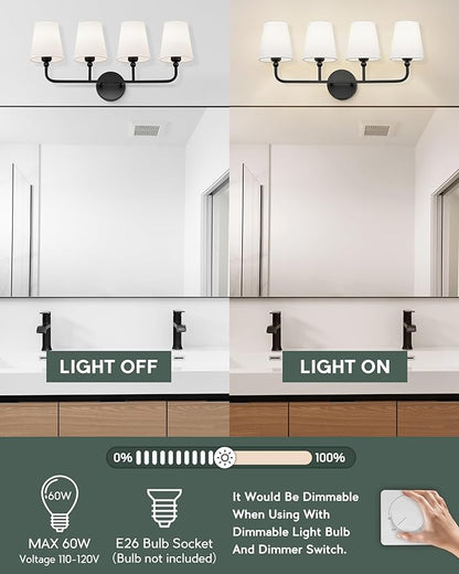 Bathroom Light Fixtures, 4 Light Matte Black Vanity Lights with Flared White Fabric Shade, 28 Inch Wall Sconce, Modern Sconces Wall Lighting for Hallway Bedroom, VL837-MB-4