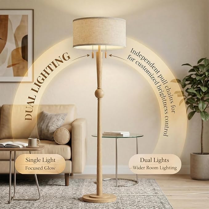 MOFFE 62.8" Solid Wood Floor Lamp,Tall Standing Floor Lamp with 2-Light Pull Chain, 17" Linen Drum Shade, Sculptural Wood Base & Stem,Transitional Floor Lamp for Living Room Bedroom, Includes 2 Bulbs