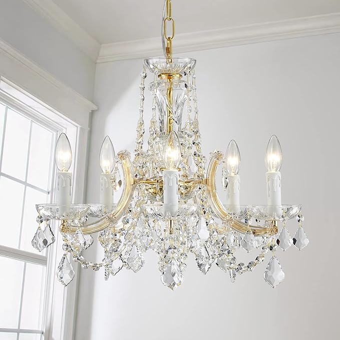 AGV LIGHTING CH001G Modern K9 Crystal Chandelier, Maria Theresa Style Light Fixture, 5-Lights, D20 x H18, Adjustable Chain 59", Shinny Gold Finish Frame