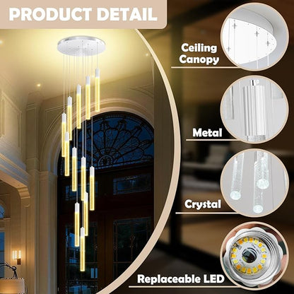 Luxury 12 Light Modern Crystal Pendant Light - 118" High Ceiling Silver LED Dimmable Pendant Light for Bedside Island Kitchen Living Room
