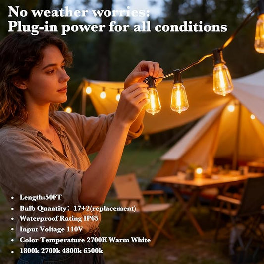 50 FT Outdoor Patio Lights String, 17+2 Shatterproof LED Bulbs Waterproof Hanging Lights Plug in, Fence Balcony Camping Backyard Garden Porch Bistro Cafe Decor with 2700K Warm White