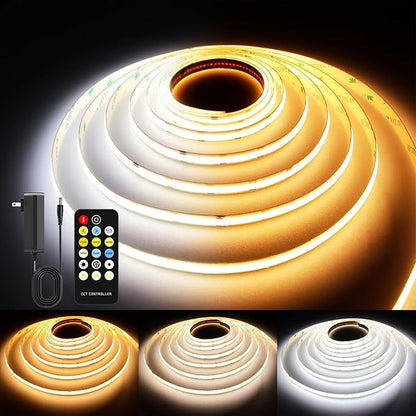 CCT COB LED Strip Lights,24.6ft Dimmable 2700K-6500K 24V Tunable White LED Light Strip Kit, High Density CRI 90+ LED Strips with Remote Controller and Power Supply, for Bedroom Kitchen Home Lighting