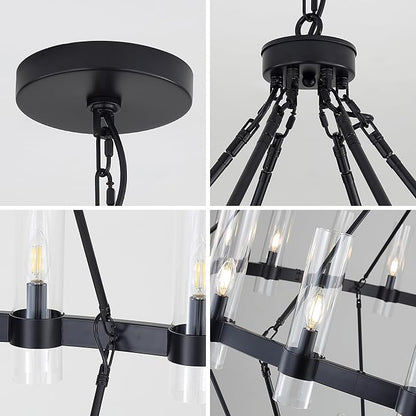 70 Inch Black Wagon Wheel Chandelier 2 Tier with Glass Shade, 36 Lights, Modern Farmhouse Style, Ideal for Dining Room, Kitchen, Entryways