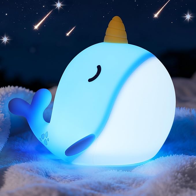 OkiyiD Blue Narwhal Night Light, Cute Squishy Silicone Lamp, Dimmable Touch Control Narwhal Gifts for Boys Girls, Ocean Animal Nursery Lamp for Birthday Christmas Decor