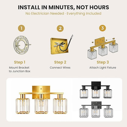 Crystal Bathroom Light Fixtures, 3-Light Brushed Gold, Vanity Lights for Bathroom Over Mirror, Modern Bath Wall Sconce for Mirror Bedroom Living Room