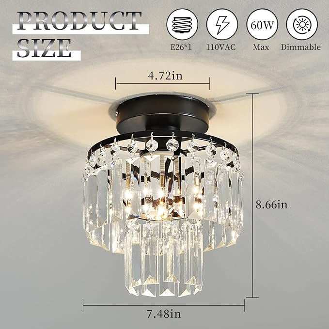 Mini Crystal Chandelier,Black Crystal Chandeliers,2-Tier Semi Flush Mount Chandelier Pendant Lighting Fixture for Living Room Dining Room Corridors Bedroom Hallway E26 Base